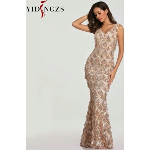 YIDINGZS 2021 Sexy V-neck Tassel Sequin Sleeveless Evening Dress Women Elegant Long Evening Party Dress YD633