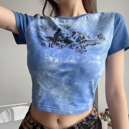 Women Tie-Dye Printed Crop Tops 2021 Creative Angel Butterfly T-Shirt Short Sleeve O-Neck Casual Slim Wild Base Pullover