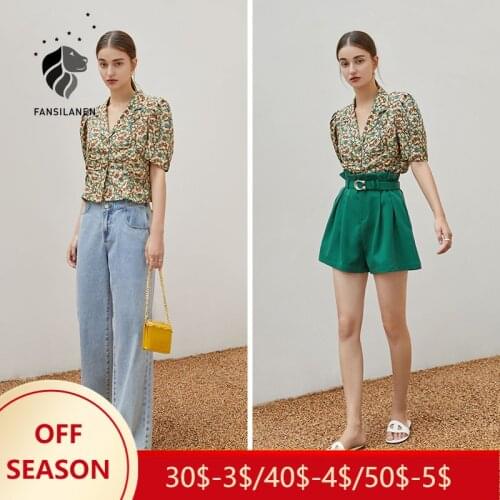 FANSILANEN Office Lady Floral Shirt Female Summer 2021 New Short-sleeved Retro Western-style Print Small Shirt Short-sleeved Top