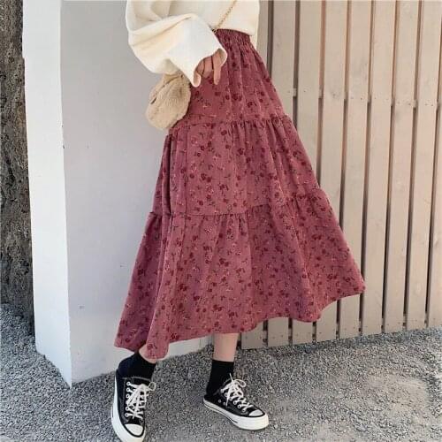 Winter Corduroy Long Skirts Women High Waist A-line Flower Print Maxi Skirt Female Vintage Pleated Skirt Cute Girls Streetwear