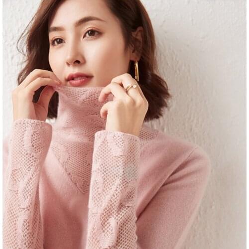 Women Fashion Hollow Out Pullover 100% Wool Sweater 2021 Autumn New Turtleneck Loose Sweater Female Soft Basic Jumper Solid Tops