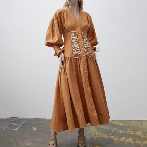 Women Lace Up Vintage Corset Maxi Dress Long Lantern Sleeve High Waist Tunic Bandage French Dress