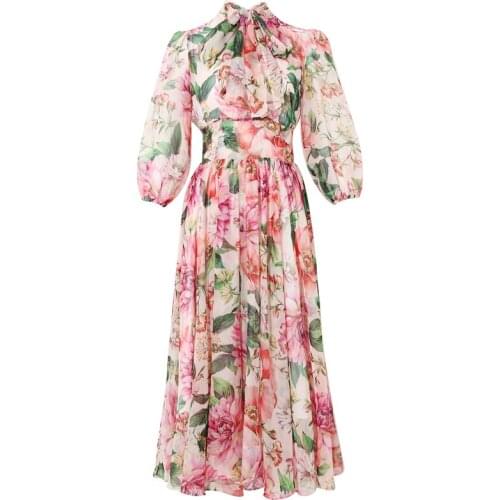 New Runway Women Summer Vintage Rose Flower Print Pink Chiffon Dress Bow Lace-up Elegant Vacation Party Long Dresses Vestidos