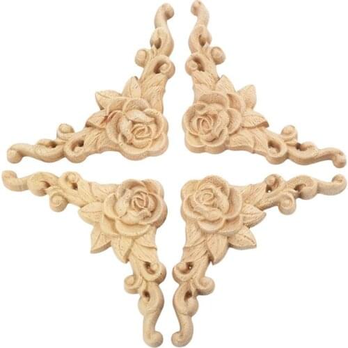 4pcs 8*8cm Wood Carved Corner Onlay Applique Door Cabinet Rose Unpainted European Style