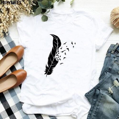 Women Lady Aesthetic feathers Cartoon Print 90s Fashion Clothes Tee shirt Womens Tshirt for Female Tops Graphic T-shirt Clothes