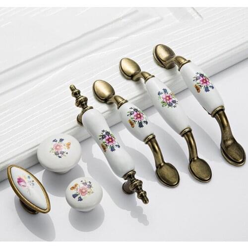 Antique Bronze Ceramic Cabinet Handles Zinc Alloy Drawer Knobs Wardrobe Door Handles Morning Glory European Furniture Handle