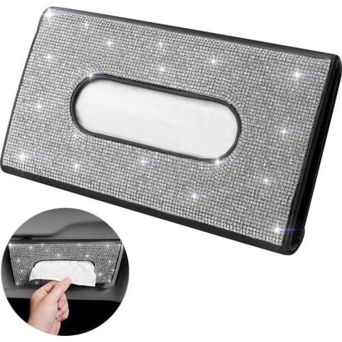 Car Sun Visor Bling Bling Tissue Box PU Leather Tissue Case Holder Hand-Made Sparkling Crystal Auto Napkin Holder For Women