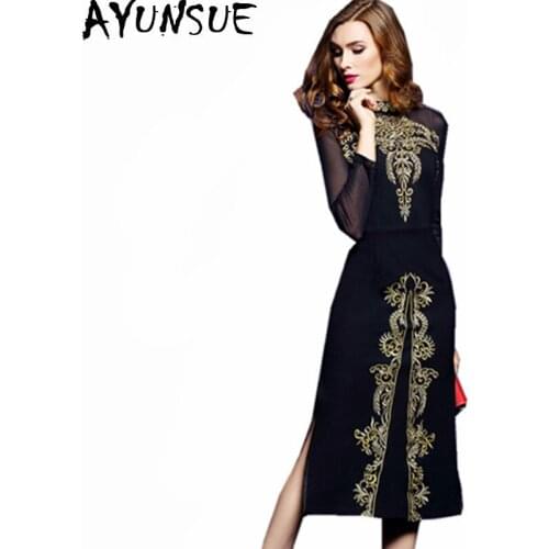 AYUNSUE 2020 New Embroidery Black Mesh Sexy Dress Female Autumn Robe Bodycon Vintage Split Elegant Party Dresses Vestidos WXF644