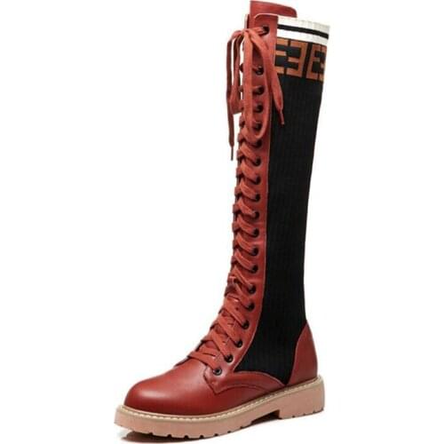 Women Cross Tied Martin Boots Patchwork Low Heel 4 cm Knee High Shoes Fall Winter Casual Fashion Boots Street Slip Resistance