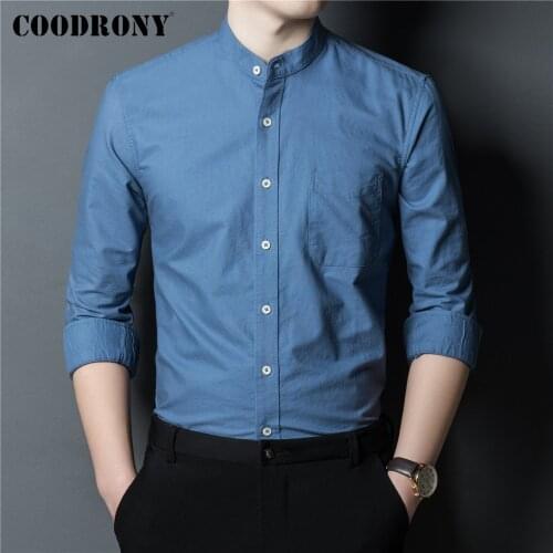 COODRONY Brand Spring Autumn New Arrival Fashion Stand Collar Real Pocket Long Sleeve 100% Pure Cotton Shirt Men Clothing C6208