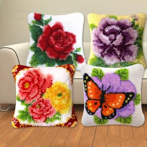 DIY Flowers butterfly Segment Embroidery Pillow Plants Coarse Wool Cross Stitch Latch Hook Carpet Embroidery Latch Hook Rug Kit