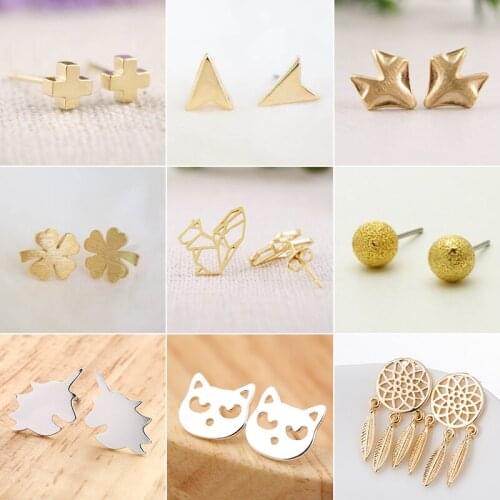 Jisensp Korean Earrings for Women Everyday Jewelry Copper Metal Animal Stud Earrings Small Cross Flower Round Earing orecchini