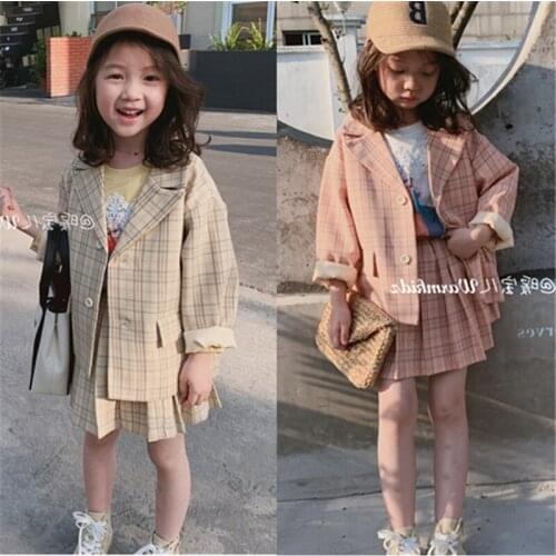 2019 Girl Baby Classic Plaid Suit for Spring Autumn Girls Kids Jacket+Pleated Skirts 2pcs Fashion Clothes Sets Child Wear