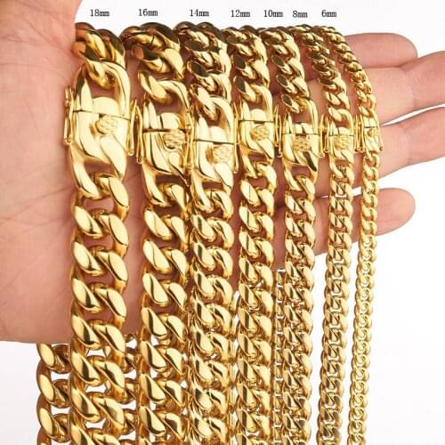 6/8/10/12/14/16/18mm Fashion Gold Tone 316L Stainless Steel Miami Curb Necklace or Bracelet Chain for Women Men with Gift Box