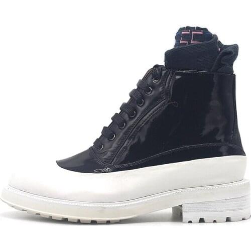 Black White Panelled Men Oxford Boots Lace Up Cow Leather Boots Work High-Top Shoes Thick Bottom British Cowboy Botas