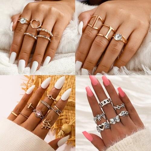 Vintage Gold Color Crystal Star Moon Rings Set For Women Boho Knuckle Finger Ring Female Fashion Heart Butterfly Leaf Jewelry