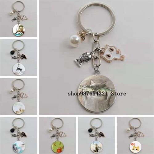 New naughty cat fish glass pendant key chain cute cat fish car bag key chain cute male and female school bag key chain jewelry