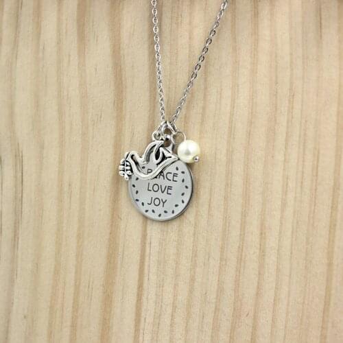 New Arrival Stainless Steel Chain peace dove charm Necklace peace love joy engraved stainless steel necklace Gifts