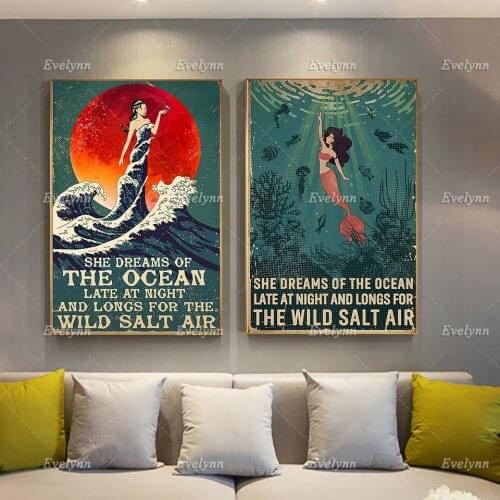 She Dreams Of The Ocean Late At Night And Longs For The Wild Salt Air Vintage Mermaid Poster, Love Swimming Canvas,Home Decor