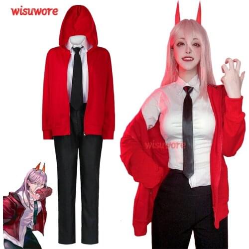 Anime Chainsaw Man Power Cosplay Costume Wigs Uniform Red Jacket Devil Horn Hair Clip Accessories Halloween Costumes for Women