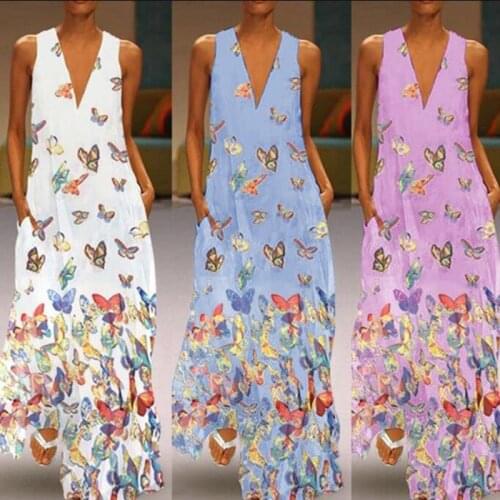 Summer Sexy Sleeveless V-neck Long Dress Women Butterfly Print Casual Loose Pocket Beach Robe Lady Dress
