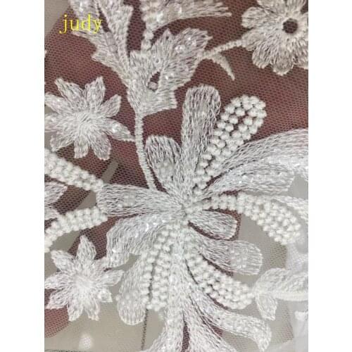 5yards White embroidery lace sequined beads fashionable European and American style fabric used for wedding dress design