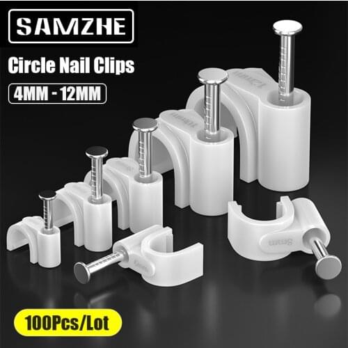 SAMZHE Nylon PE Plastic white 8mm Circle Cable Clip C Shaped High Carbon Steel Nails Cable clips Wire Wall holder 100pcs