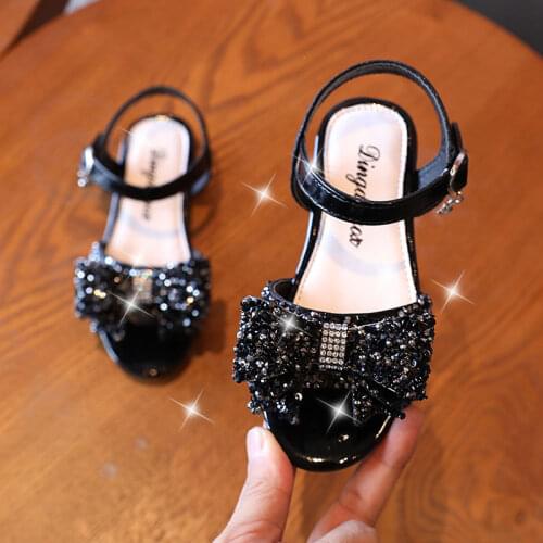 Kids Bowknot Shoes Girls Bright Rhinestone Sandal Open Toes Buckle Sandals 2021 Summer Child Flat Dance Wedding Shoes 21-36