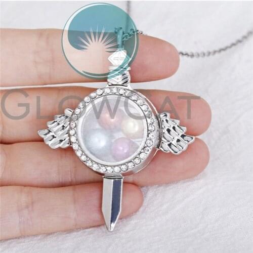 Silver Color Sword Round Locket Pendant 50cm Steel Chain Floating Glass Rhinestone Locket Necklace