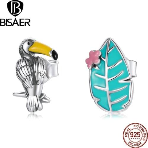 BISAER New 100% 925 Sterling Silver Bird and Leaf Stud Earrings for Women Girl Corlorful Rain Forest Fine Jewelry Gift ECE1083