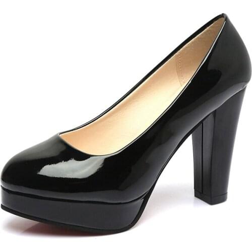 New Hot Women Pumps Shoes Women PU Leather Shallow Slip-On Round Toe High Heels Wedding Party Derss Shoes Mujer Plus Size 34-42