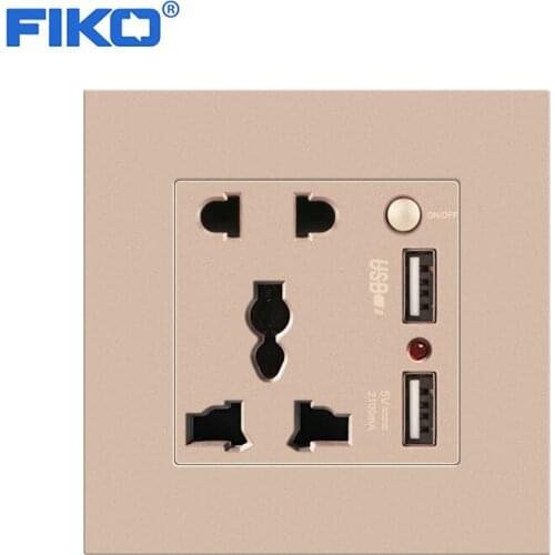 FIKO 86mm*86mm universal 13A 2 USB 5pin multi-function socket with switch , Champagne gold PC panel socket USB 5V 2100mA