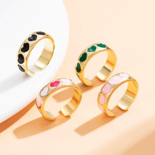 KINFOLK Vintage Individuality Ancient Love Heart Ring for Women Girls Gold Color Colorful Hearts Chain Rings Party Jewelry