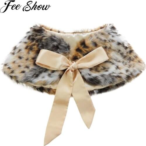3-6Y Leopard Toddler Girls Kids Faux Fur Bolero Shrug Warm Jacket Cloak Princess Weeding Cape Dresses Outwear Party Clothing