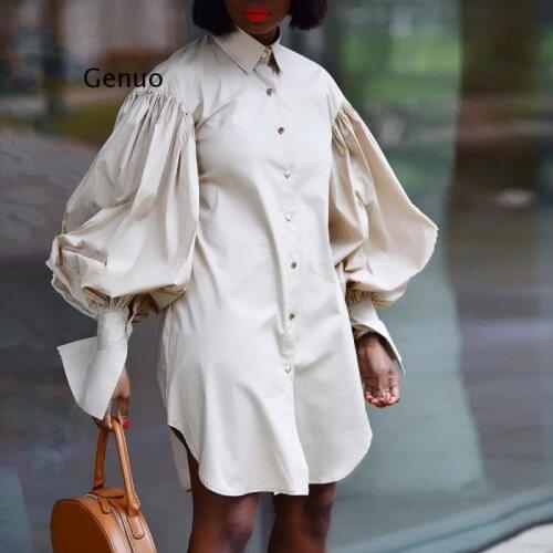 Women Shirt Dress Button Up Long Big Lantern Sleeves Casual Fashion Summer Female 2021 Plus Size Ladies Short Robes Vestidos New