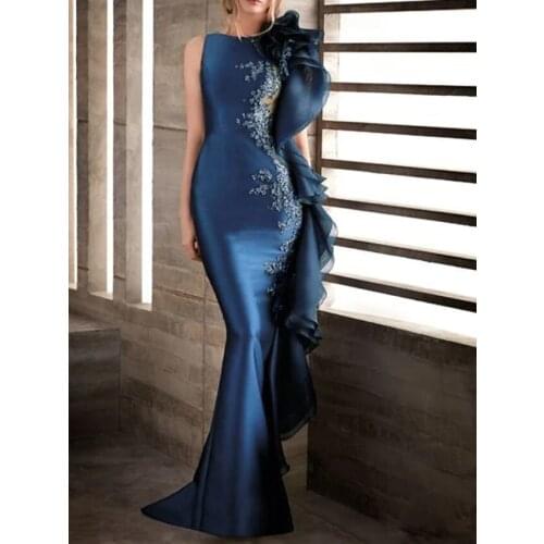 Elegant Engagement Formal Evening Dress 2021 Jewel Neck Sleeveless Appliques Ruffles Prom Party Gown Mermaid Custom Vestidos