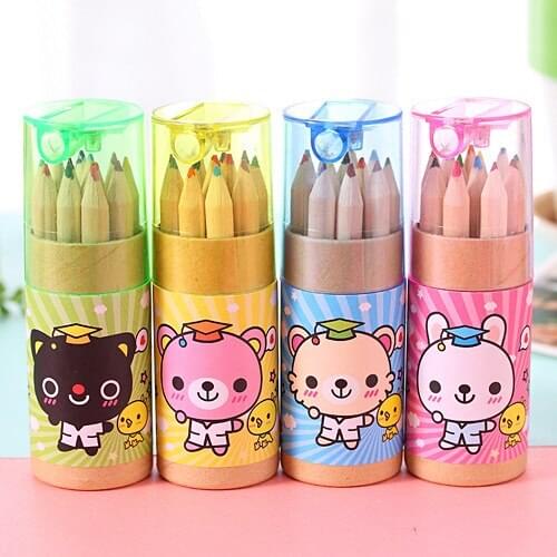 12 pcs/lot Mini Drawing Painting Wooden Colored Pencil with Sharpener 12 colors Cartoon DIY Graffiti pen school supplies gift