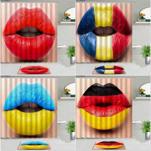 2PCS Sexy Red Lips Shower Curtains With Bath Mat Set Non-slip Rugs Luxury Polyester Fabric Wall Hanging Bathroom Decor Screen