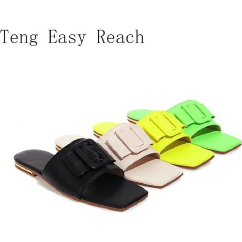 2021 Summer Chic Buckle Design Womens Slippers Open Toe Flats Slides for Woman Green Yellow Mules Plus Size 42 43