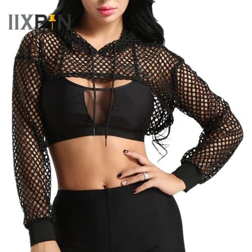 2021 Summer Women Fishnet Hooded Shirts Sexy Female Hoodies Fashion Crop Top Goth Punk Pullover Tops Clubwear Casual Streetwear