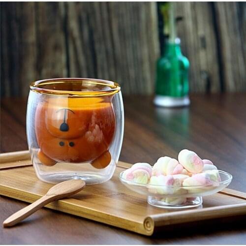250ml creative small bear double-layer cup amber glass childs birthday present heat-resistant coffee cup fruit juice milk