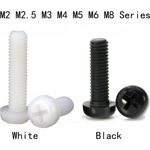 50 pcs Black /White Plastic Phillips Screw M2 M2.5 M3 M4 M5 M6 M8 Metric Threaded Cross Recessed Round Pan Head Nylon Screw Bolt