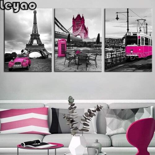 5D DIY diamond Painting Rosy Paris Building 3 pieces Full Drill Diamond Mosaic Embroidery Triptych retro landscape Decor Room
