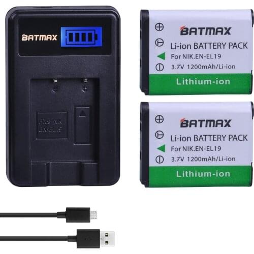 2pcs 1200mAh EN-EL19 EN EL19 ENEL19 Battery + LCD USB Charger for Nikon S100 S2500 S2600 S3100 S6400 S4100 S4150 S3300 S4300