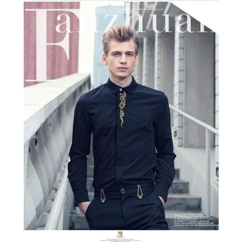 Free Shipping New male long sleeved mens fashion casual Autumn pure Korean slim Embroidery Flower Shirt 512013