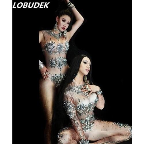Sparkly Rhinestones Stretch Skinny Jumpsuit Silver Glass Crystals Bodysuit Sexy Nightclub DJ Singer Bar Dancer Stage Costume