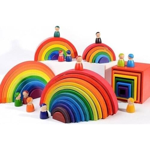 Big Wooden Rainbow Building Blocks Wooden Balls Plate Figures Rainbow Stacking Blocks Montessori Soft Warm Color Blocks Toy