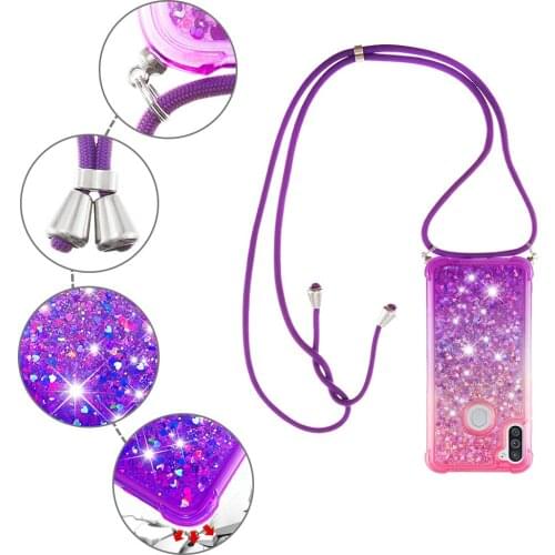 Gradient Crossbody Phone Strap Case For Samsung Galaxy A11 / M11 Glitter Liquid Quicksand Air Cushion Reinforced Corners Cover