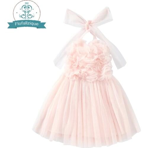 Flofallzique 2020 Sling Sleeveless Front Handmade Flower Decoration Princess Dress For Prom Wedding Christmas Easter Party