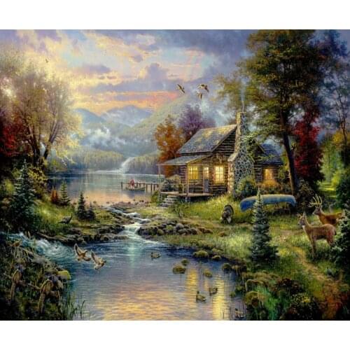 Free shipping classical Thomas forest house deer landscape canvas prints oil painting printed on canvas art decoration picture